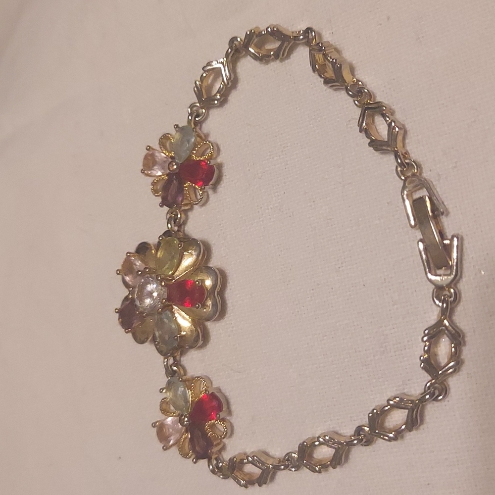 Vintage Goldtone Multicolor Crystals Flower Bracelet #94